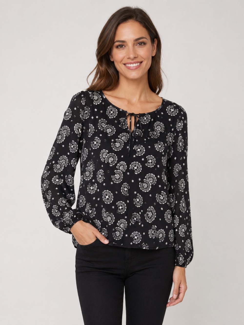Talbots Black and White Floral Tie-Neck Blouse
